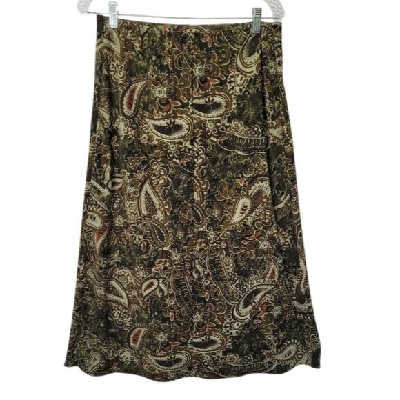 Vintage Skirt Women’s 10 Green Brown Paisley Floral Ankle A-Line Elastic Forest - Picture 2 of 9